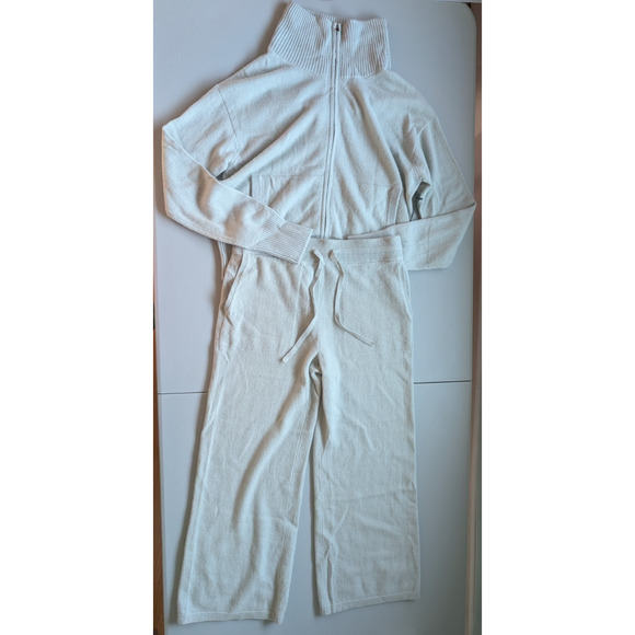 New White + Warren 100% Cashmere Zip Jacket Wide leg Pants Set Sz M Mint 9A602 - Picture 2 of 13